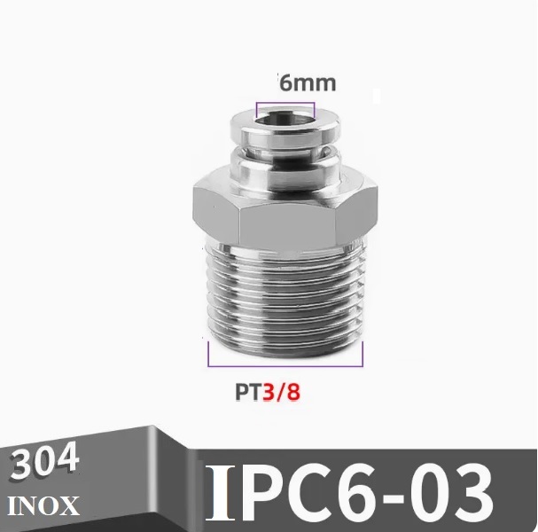 Đầu nối nhanh Inox thẳng ống phi 6 - Ren ngoài 3/8 (=16.7mm)