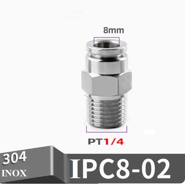 Đầu nối nhanh Inox thẳng ống 8 - Ren ngoài 1/4 =12.7mm