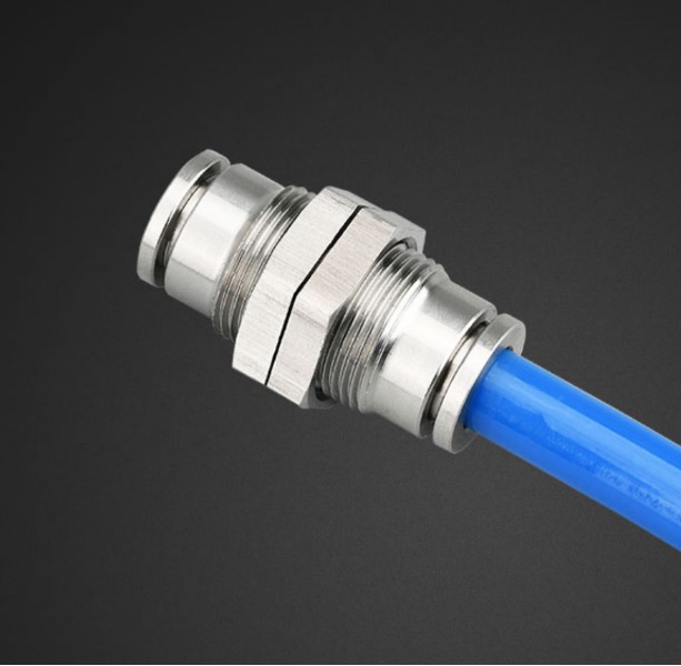 Đầu nối nhanh khí nén inox 304 thẳng 2 đầu ghim ống và có ốc siết thành xuyên vách