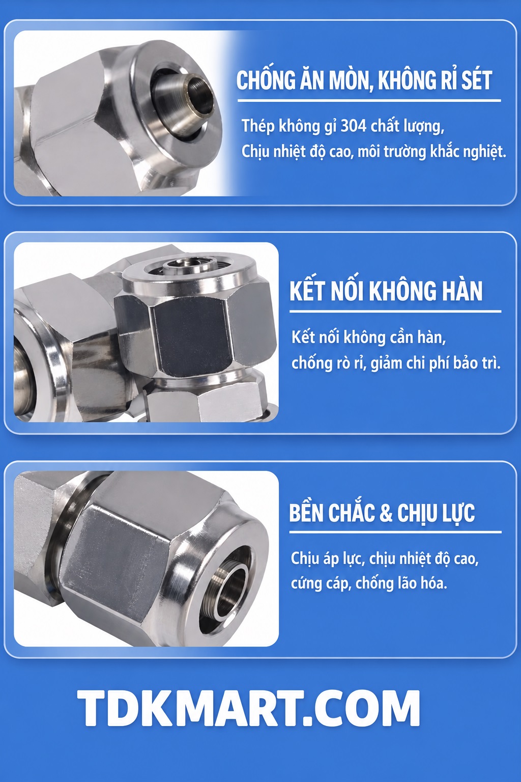 Đầu nối Inox 304 có 2 đầu siết ống chống ăn mòn
