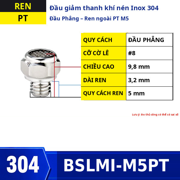 Đầu giảm thanh khí nén Inox 304 đầu phẳng ren ngoài PT-M5