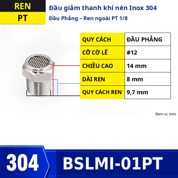 Đầu giảm thanh khí nén Inox 304 đầu phẳng ren ngoài PT1/8