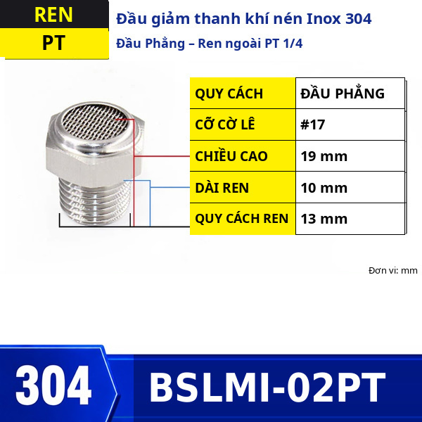 Đầu giảm thanh khí nén Inox 304 đầu phẳng ren ngoài PT1/4