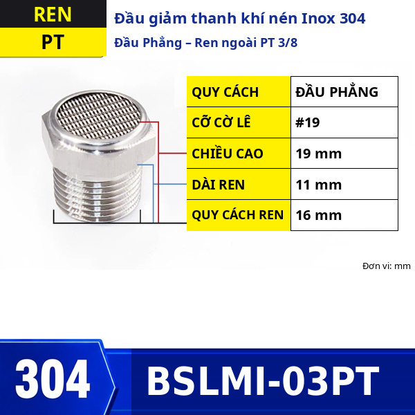 Đầu giảm thanh khí nén Inox 304 đầu phẳng ren ngoài PT3/8