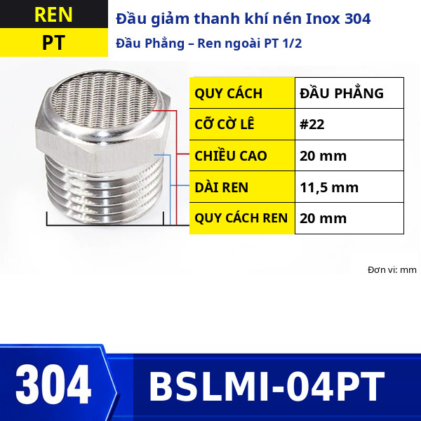 Đầu giảm thanh khí nén Inox 304 đầu phẳng ren ngoài PT1/2