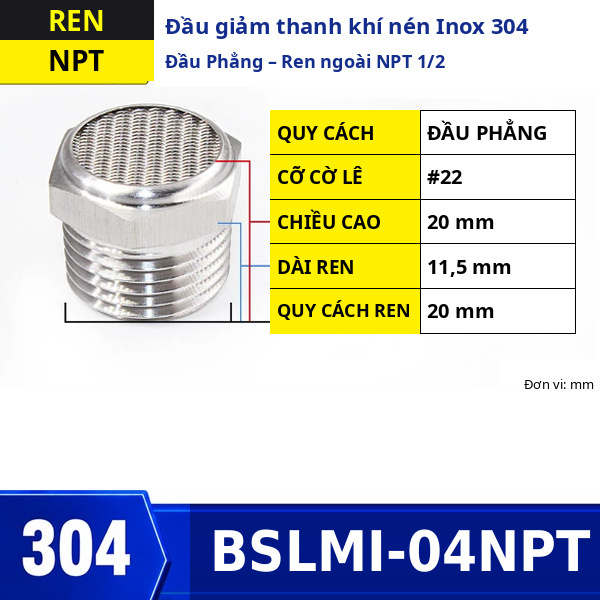 Đầu giảm thanh khí nén Inox 304 đầu phẳng ren ngoài NPT1/2