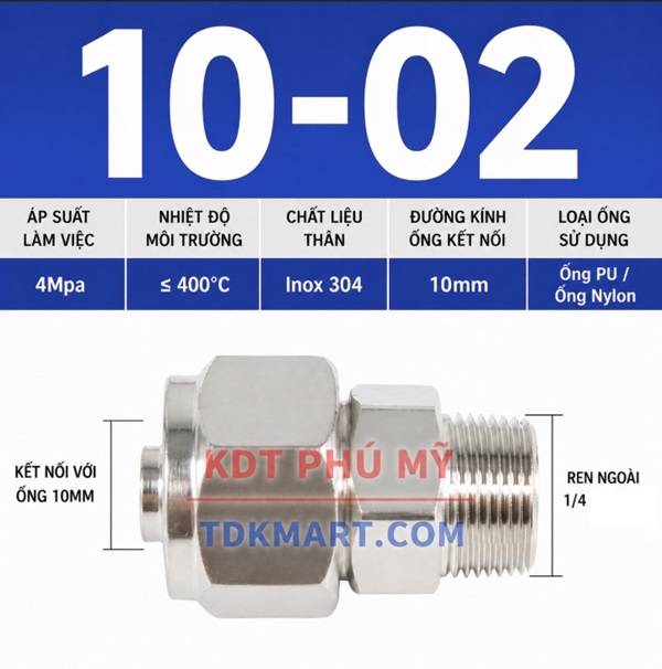 Nối thẳng inox 304 có 1 đầu siết ống 10 và 1 đầu ren ngoài 1/4