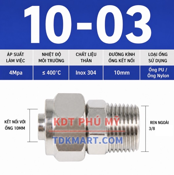 Nối thẳng inox 304 có 1 đầu siết ống 10 và 1 đầu ren ngoài 3/8