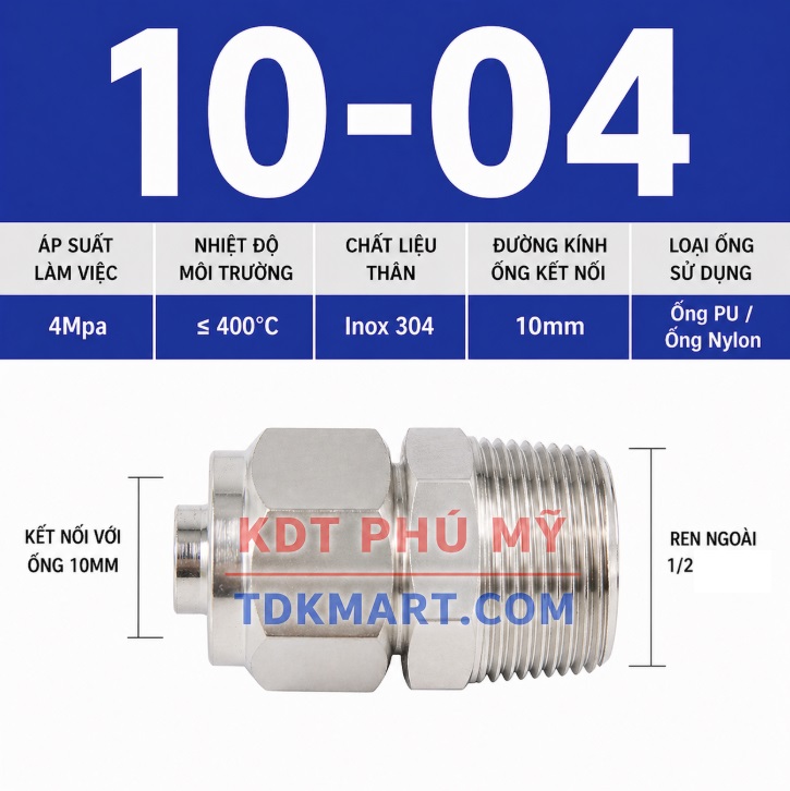 Nối thẳng inox 304 có 1 đầu siết ống 10 và 1 đầu ren ngoài 1/2