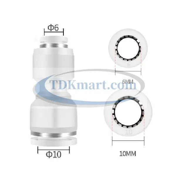 Đầu nối nhanh khí nén thẳng giảm màu trắng có 2 đầu ghim ống