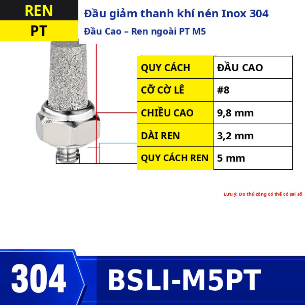 Đầu giảm thanh khí nén Inox 304 đầu cao ren ngoài PT-M5