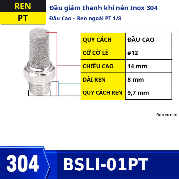 Đầu giảm thanh khí nén Inox 304 đầu cao ren ngoài PT1/8