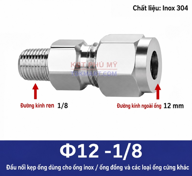 Nối thẳng inox 1 đầu siết hạt bắp ống 12 và 1 đầu ren ngoài 1/8