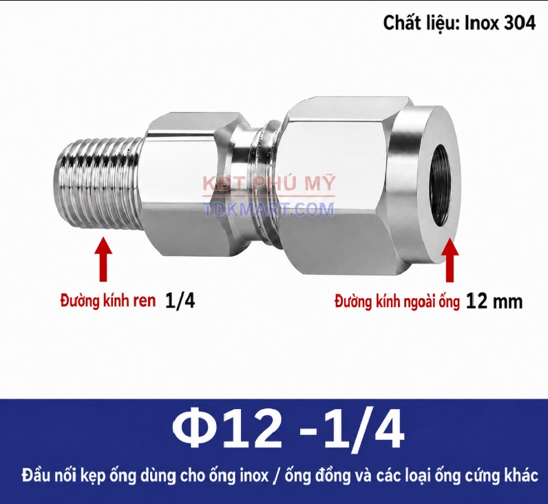Nối thẳng inox 1 đầu siết hạt bắp ống 12 và 1 đầu ren ngoài 1/4