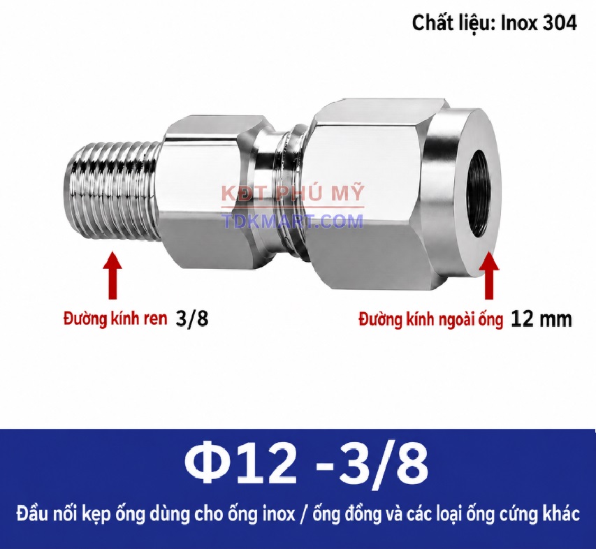 Nối thẳng inox 1 đầu siết hạt bắp ống 12 và 1 đầu ren ngoài 3/8