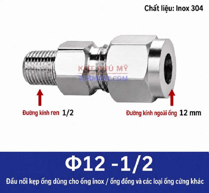 Nối thẳng inox 1 đầu siết hạt bắp ống 12 và 1 đầu ren ngoài 1/2