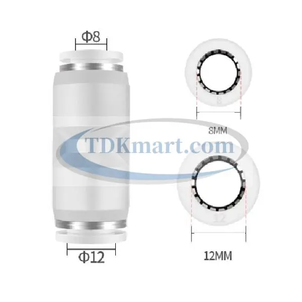 Đầu nối nhanh khí nén thẳng giảm màu trắng có 2 đầu ghim ống
