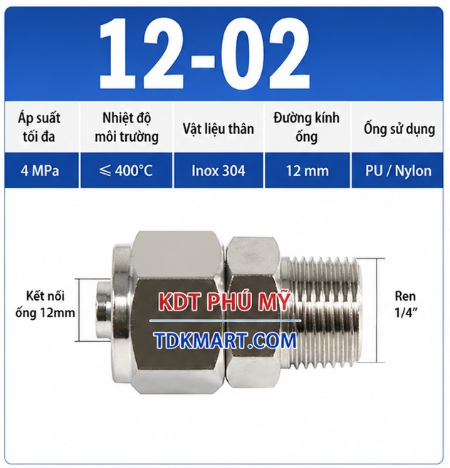 Nối thẳng inox 304 có 1 đầu siết ống 12 và 1 đầu ren ngoài 1/4