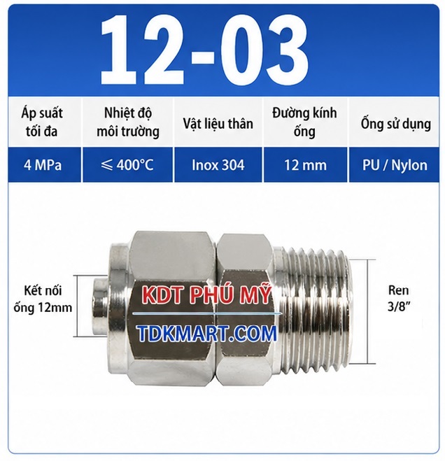 Nối thẳng inox 304 có 1 đầu siết ống 12 và 1 đầu ren ngoài 3/8