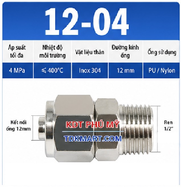 Nối thẳng inox 304 có 1 đầu siết ống 12 và 1 đầu ren ngoài 1/2