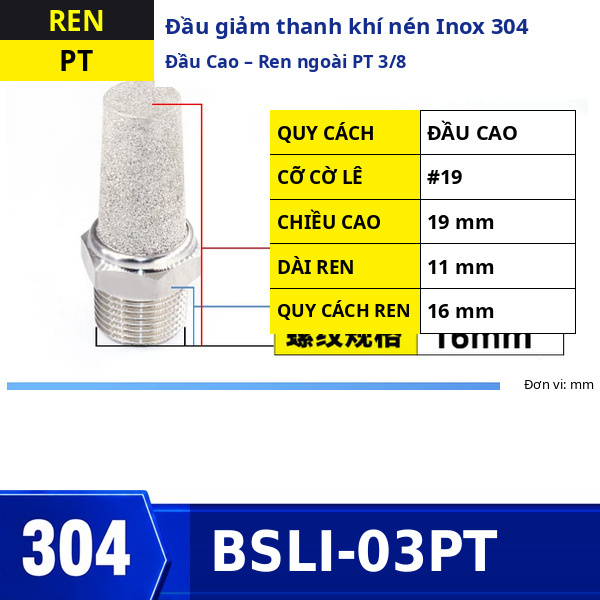 Đầu giảm thanh khí nén Inox 304 đầu cao ren ngoài PT3/8