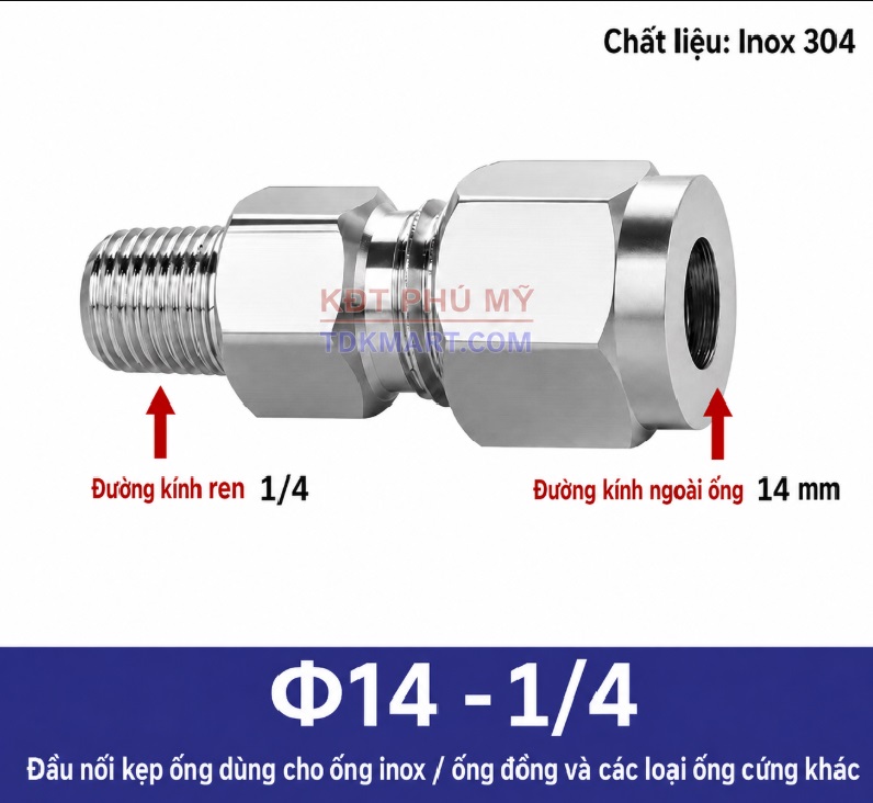 Nối thẳng inox 1 đầu siết hạt bắp ống 14 và 1 đầu ren ngoài 1/4