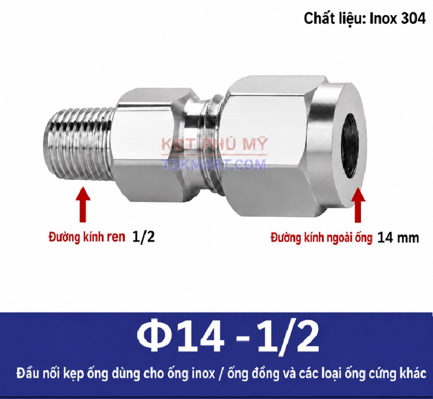 Nối thẳng inox 1 đầu siết hạt bắp ống 14 và 1 đầu ren ngoài 1/2