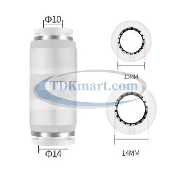 Đầu nối nhanh khí nén thẳng giảm màu trắng có 2 đầu ghim ống