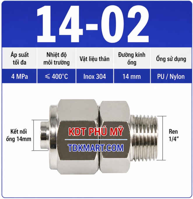 Nối thẳng inox 304 có 1 đầu siết ống 14 và 1 đầu ren ngoài 1/4