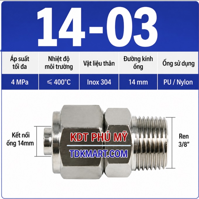 Nối thẳng inox 304 có 1 đầu siết ống 14 và 1 đầu ren ngoài 3/8