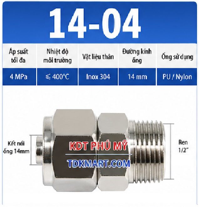 Nối thẳng inox 304 có 1 đầu siết ống 14 và 1 đầu ren ngoài 1/2