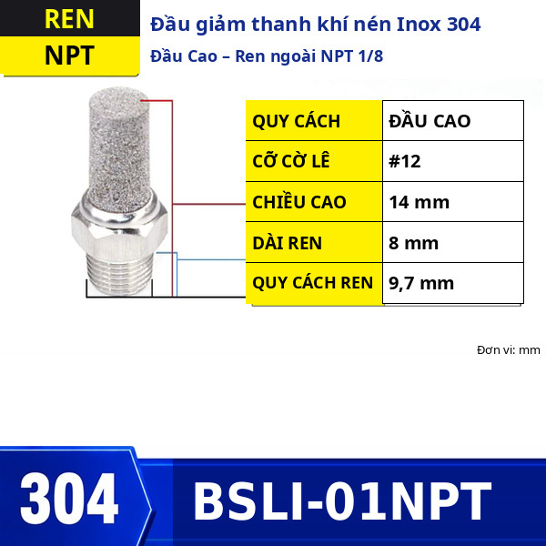 Đầu giảm thanh khí nén Inox 304 đầu cao ren ngoài NPT1/8