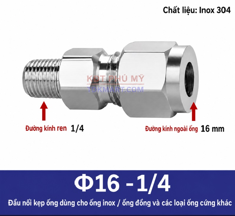 Nối thẳng inox 1 đầu siết hạt bắp ống 16 và 1 đầu ren ngoài 1/4
