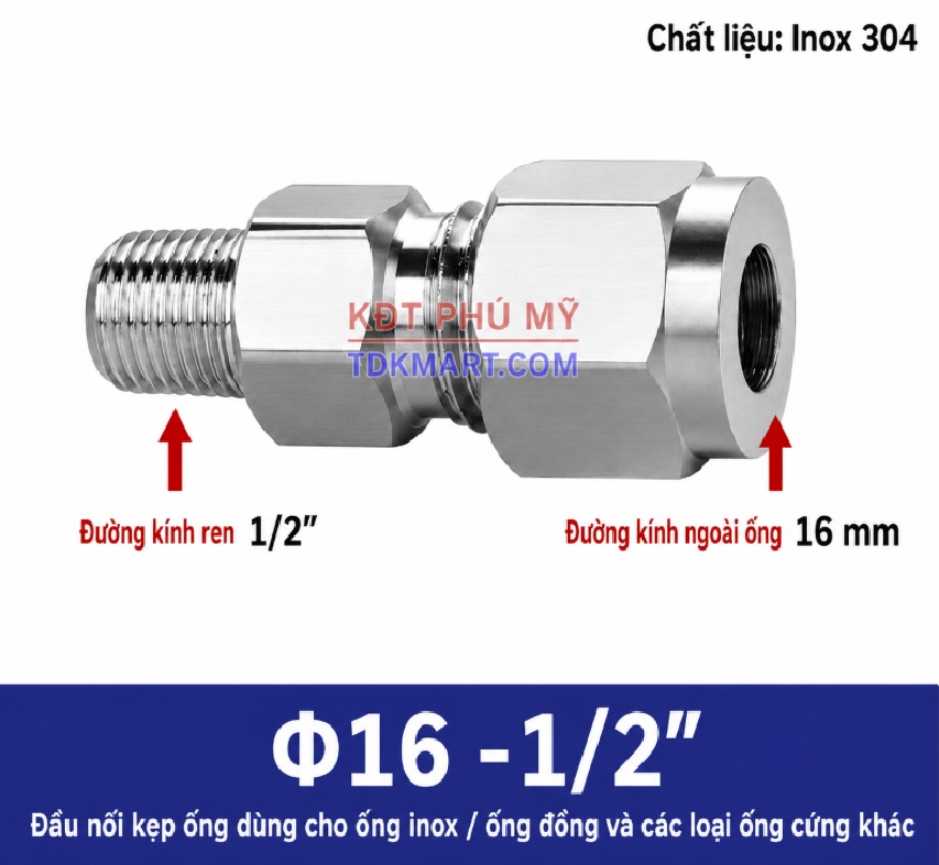 Nối thẳng inox 1 đầu siết hạt bắp ống 16 và 1 đầu ren ngoài 1/2