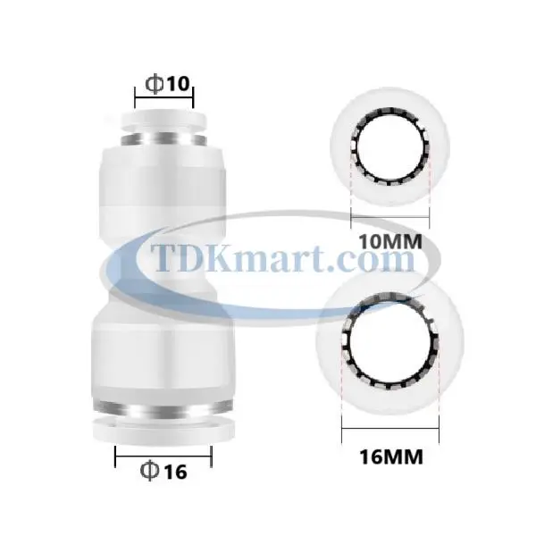 Đầu nối nhanh khí nén thẳng giảm màu trắng có 2 đầu ghim ống