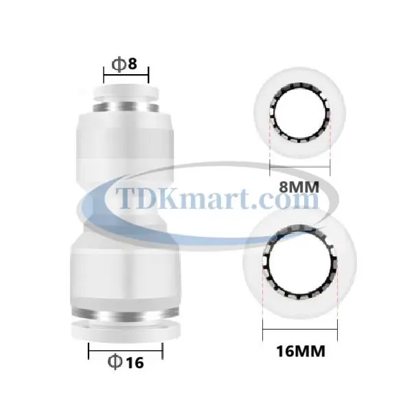Đầu nối nhanh khí nén thẳng giảm màu trắng có 2 đầu ghim ống