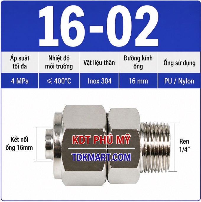 Nối thẳng inox 304 có 1 đầu siết ống 16 và 1 đầu ren ngoài 1/4