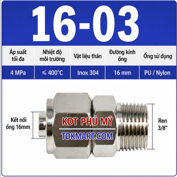 Nối thẳng inox 304 có 1 đầu siết ống 16 và 1 đầu ren ngoài 3/8
