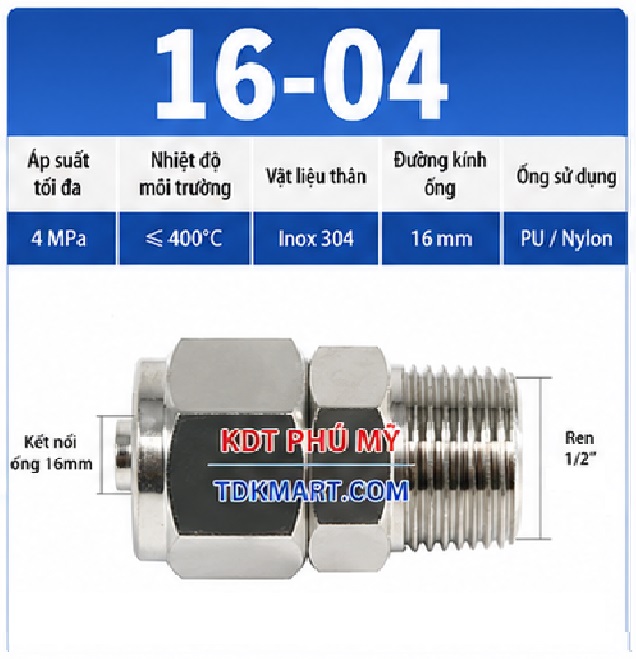 Nối thẳng inox 304 có 1 đầu siết ống 16 và 1 đầu ren ngoài 1/2
