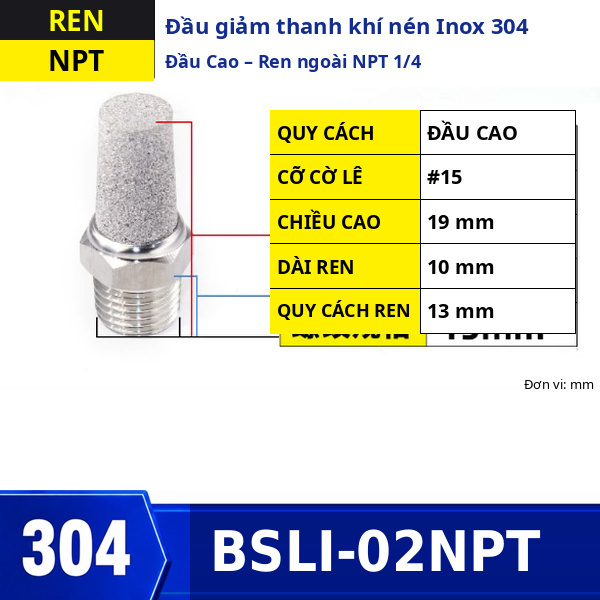 Đầu giảm thanh khí nén Inox 304 đầu cao ren ngoài NPT1/4