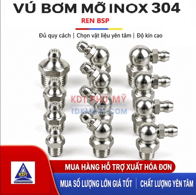 Vú bơm mỡ Inox 304 - Ren BSP