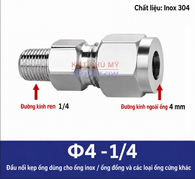 Nối thẳng inox 1 đầu siết hạt bắp ống 4 và 1 đầu ren ngoài 1/4