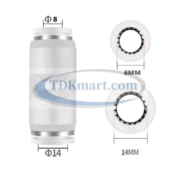 Đầu nối nhanh khí nén thẳng giảm màu trắng có 2 đầu ghim ống