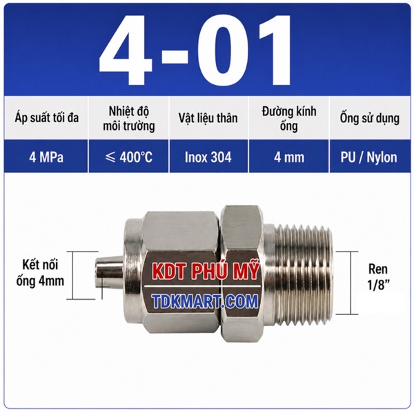 Nối thẳng inox 304 có 1 đầu siết ống 4 và 1 đầu ren ngoài 1/8