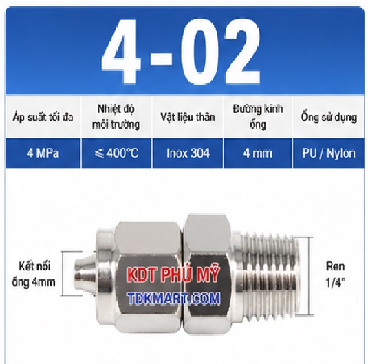 Nối thẳng inox 304 có 1 đầu siết ống 4 và 1 đầu ren ngoài 1/4