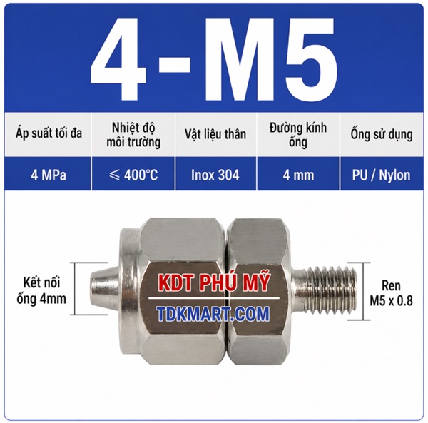 Nối thẳng inox 304 có 1 đầu siết ống 4 và 1 đầu ren ngoài M5