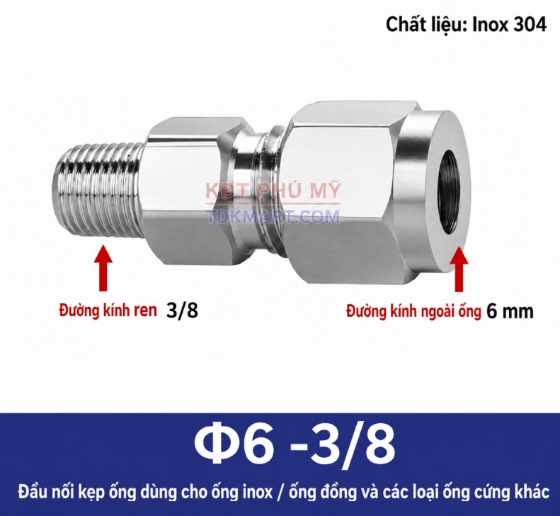 Nối thẳng inox 1 đầu siết hạt bắp ống 6 và 1 đầu ren ngoài 3/8