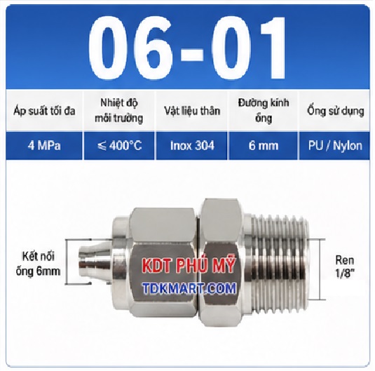 Nối thẳng inox 304 có 1 đầu siết ống 6 và 1 đầu ren ngoài 1/8
