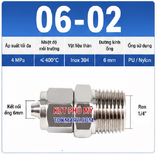 Nối thẳng inox 304 có 1 đầu siết ống 6 và 1 đầu ren ngoài 1/4