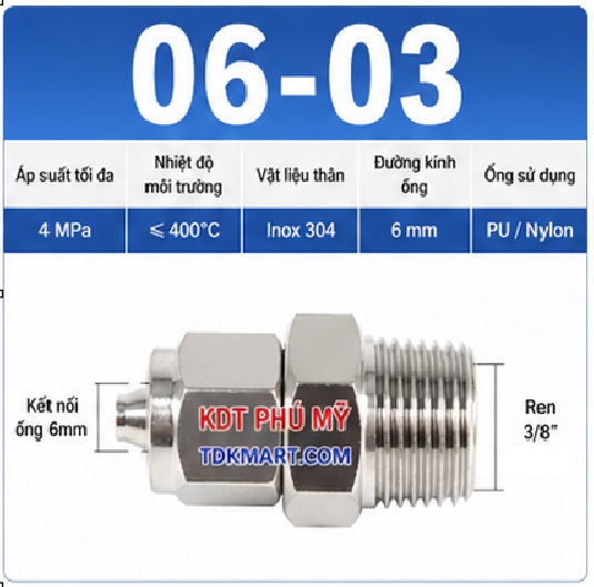 Nối thẳng inox 304 có 1 đầu siết ống 6 và 1 đầu ren ngoài 3/8